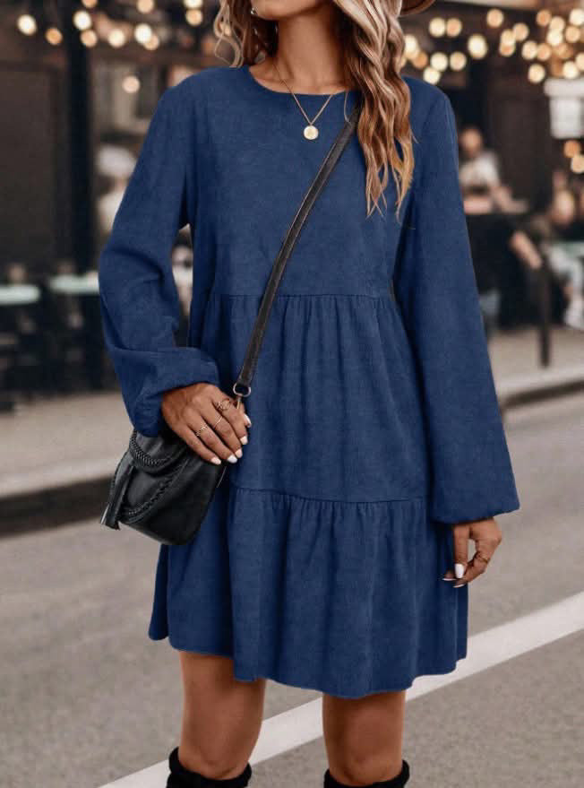 Women's Corduroy Long Sleeve Tiered Fall Casual Midi Dress