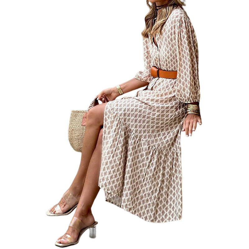 Boho Floral V Neck Puff Sleeve Button Down Midi Dress