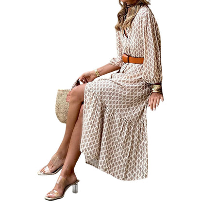 Boho Floral V Neck Puff Sleeve Button Down Midi Dress