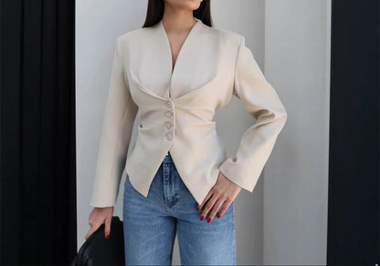Women's V-Neck Cinched Waist Blazer Asymmetric Hem