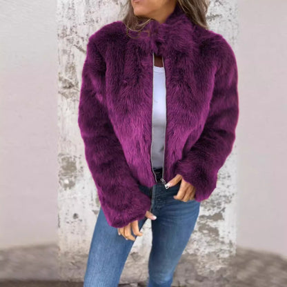 Women's Faux Fur Zip Jacket High Neck Cozy Outerwear