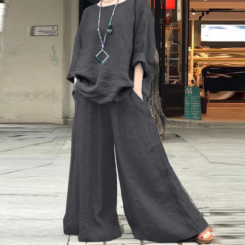 Women's Cotton Linen 2 Piece Set Shirt Wide Leg Pants
