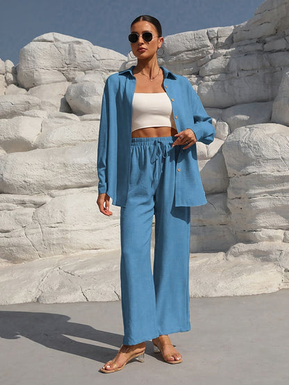 Womens Solid Two Piece Set Button Shirt Wide Leg Pants