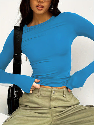 Women's Fitted Long Sleeve Crop Top Round Neck Basic Tee