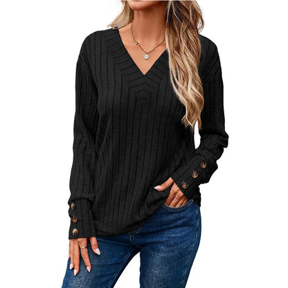 Women's V Neck Ribbed Long Sleeve Button Cuff Top