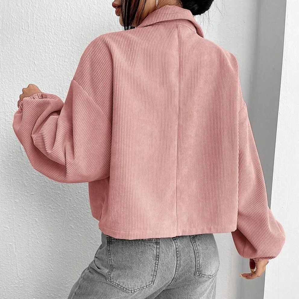 Women's Pink Corduroy Cropped Utility Jacket Pockets
