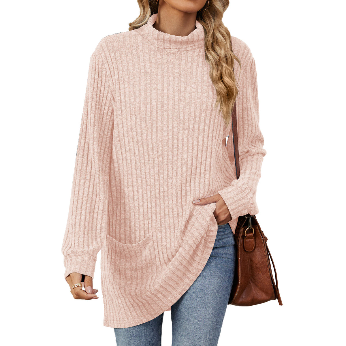 Women's Oversized Ribbed Mock Neck Tunic with Pockets