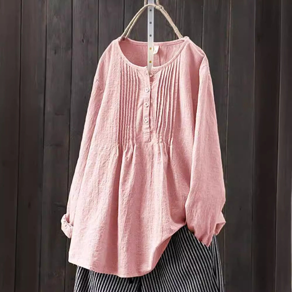 Women's Oversized Linen Blend Pleated Blouse