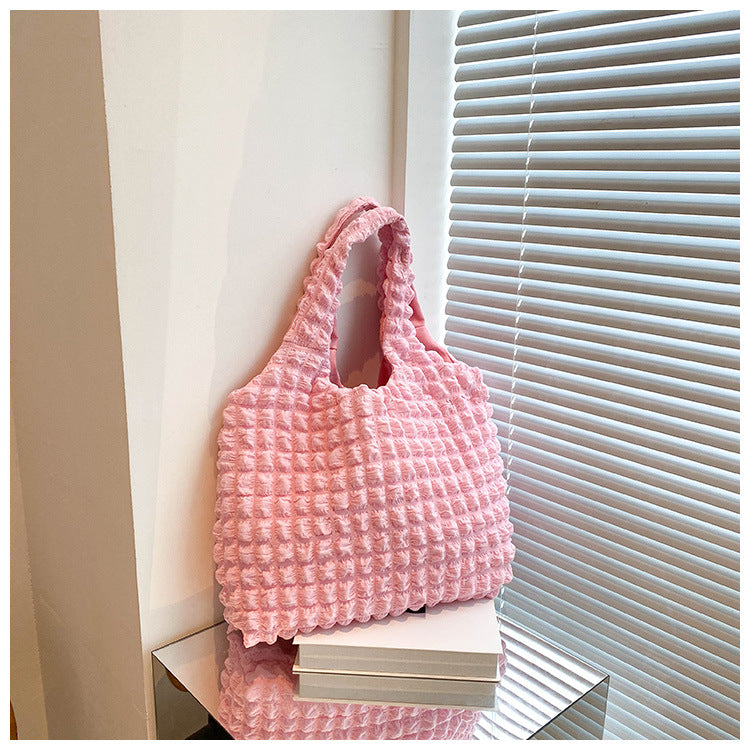 Textured Bubble Knit Shoulder Tote in Rose Pink