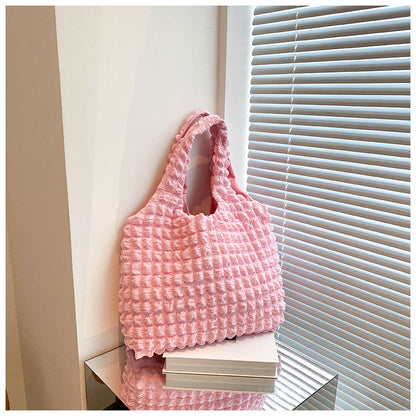 Textured Bubble Knit Shoulder Tote in Rose Pink