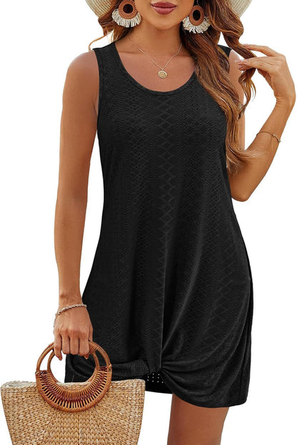 Summer Hollow Out Vacation Tank Dress with Knot Detail