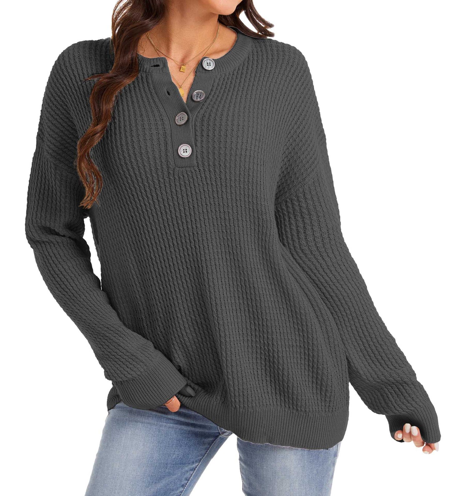 Women’s Button Henley Knit Sweater Relaxed Long Sleeve