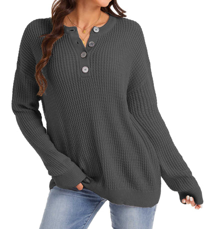 Women’s Button Henley Knit Sweater Relaxed Long Sleeve