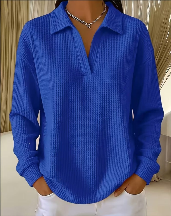 Waffle Knit Collared V Neck Long Sleeve Oversized Tunic Top