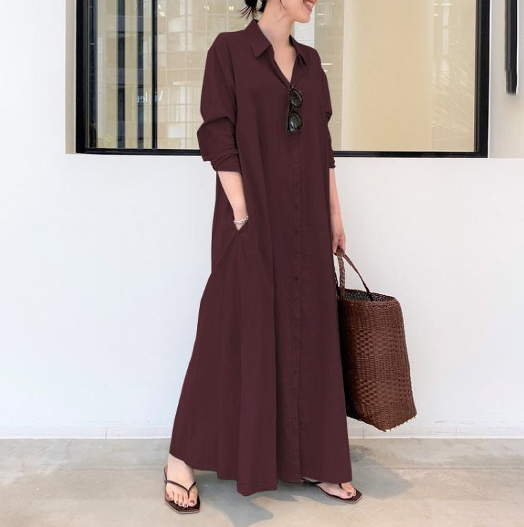 Women's Cotton Linen Maxi Shirt Dress Long Sleeve Pockets