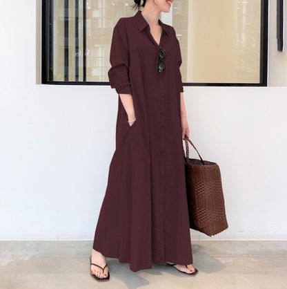 Women's Cotton Linen Maxi Shirt Dress Long Sleeve Pockets