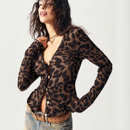 Ribbed Leopard V-Neck Lace Trim Button Front Cardigan