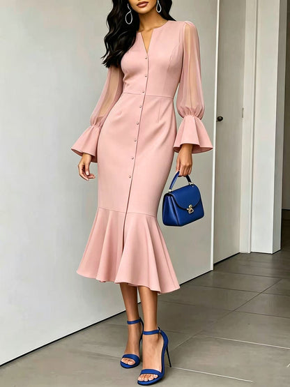 Women's V-Neck Chiffon Bell Sleeve Midi Mermaid Dress
