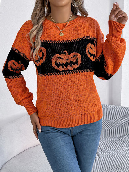 Halloween Pumpkin Pattern Colorblock Long Sleeve Sweater