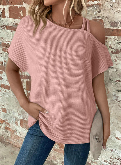 Women's Off-Shoulder Knit Top – Casual Summer Short Sleeve Blouse