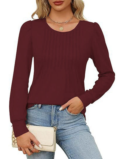 Solid Cotton Pintuck Blouse Long Sleeve Work Top