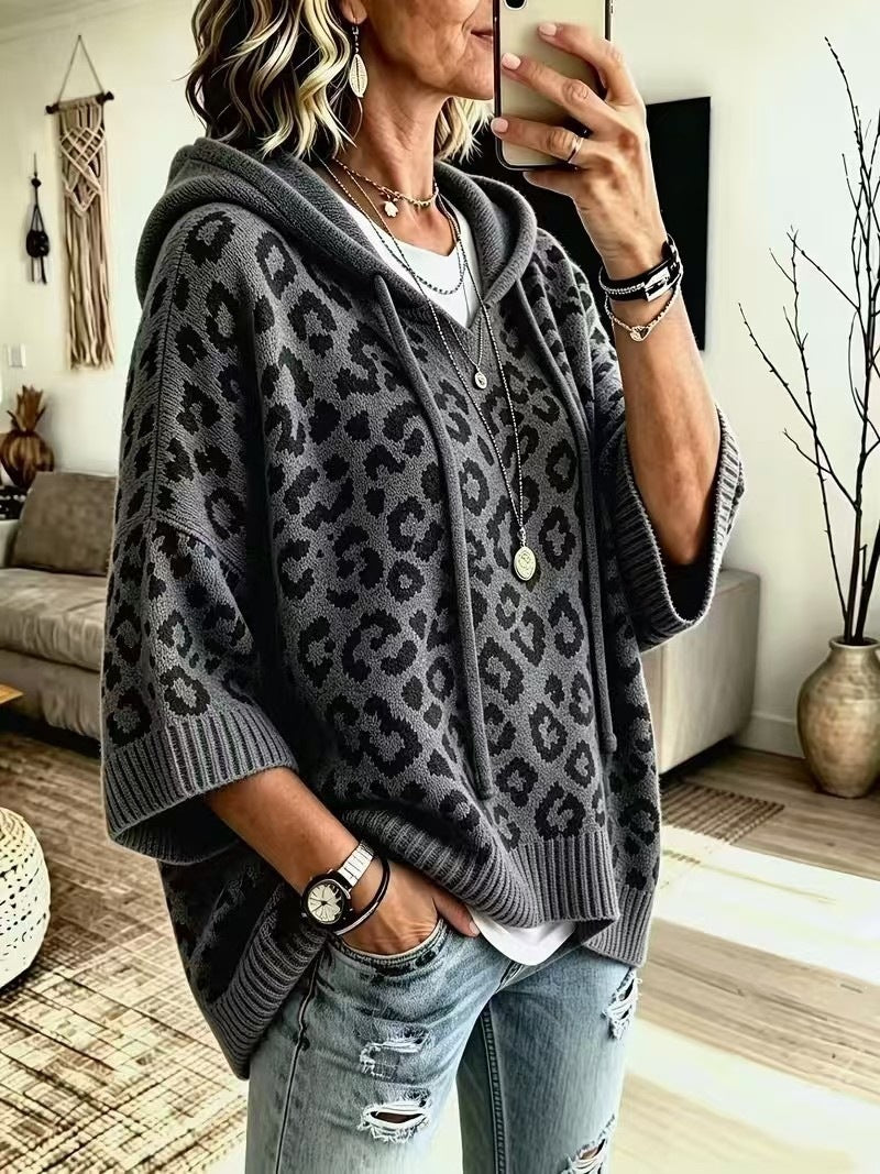 Women's Leopard Print Oversized Hooded Knit Sweater