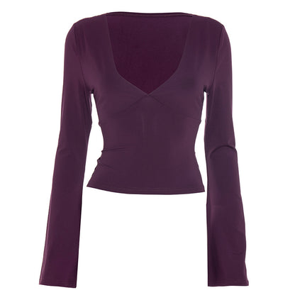 Sexy Deep V Neck Long Sleeve Bodycon Crop Top