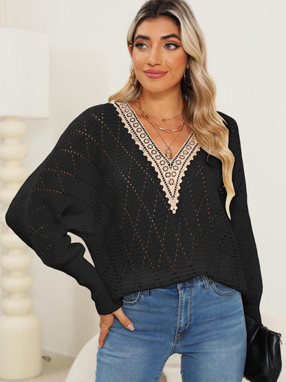 Women's Hollow Splicing Lace V-Neck Bat Sleeve Sweater