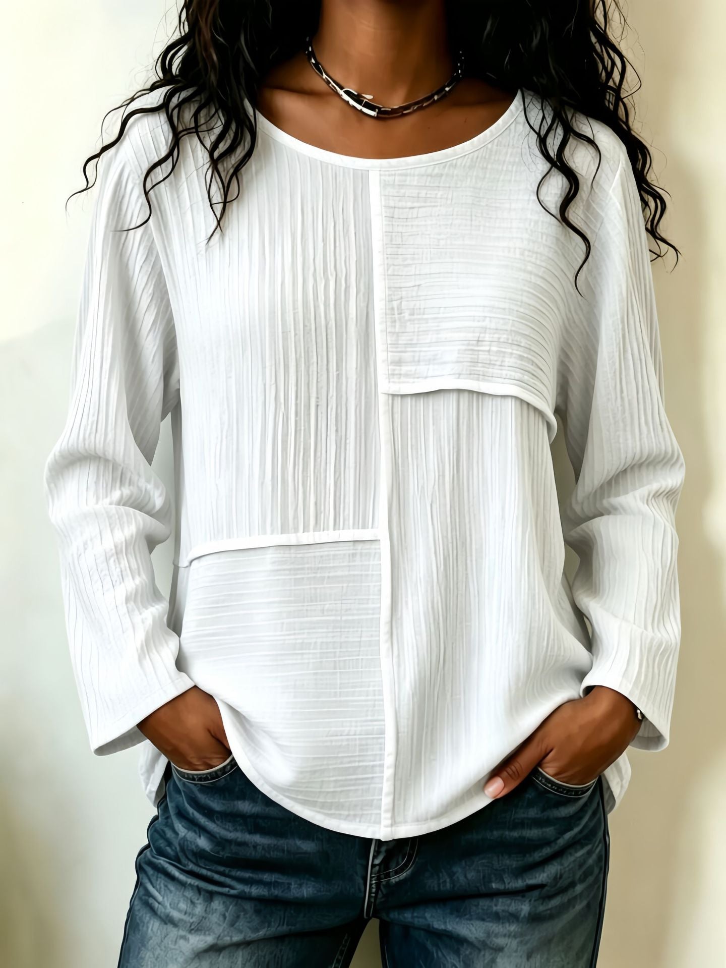 Women's Oversized Patchwork Crew Neck Long Sleeve Top
