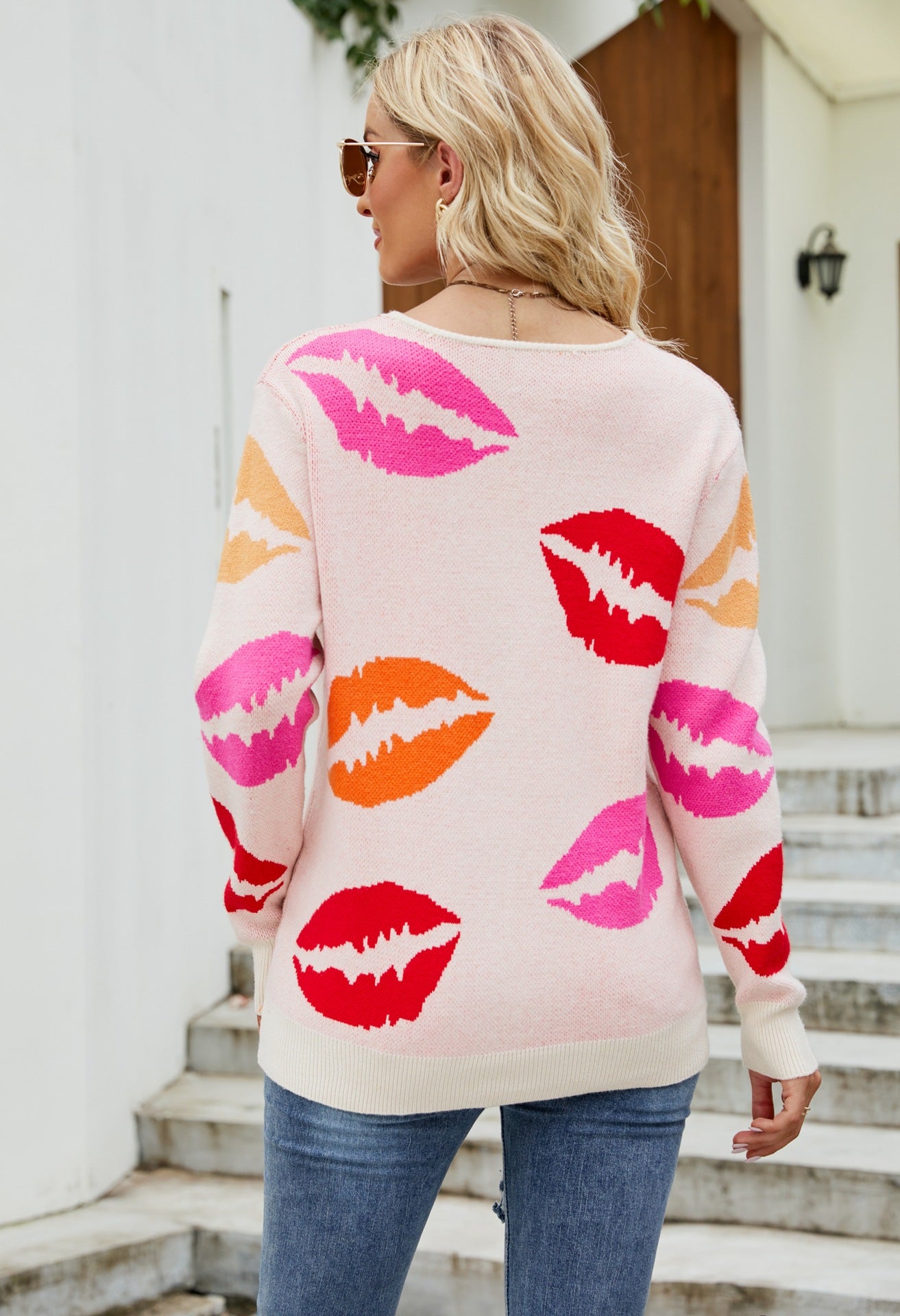 Women’s V-Neck Knit Sweater with Colorful Lip Print
