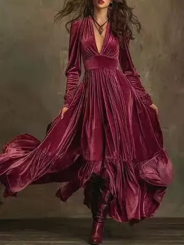 Women's Velvet Tiered Maxi Dress V Neck Long Sleeve