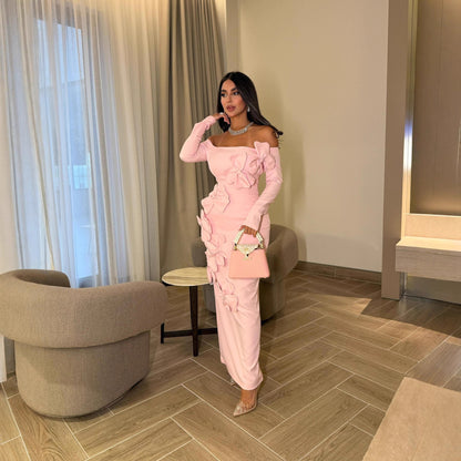 Pink Off Shoulder Long Sleeve Floral Bodycon Maxi Dress