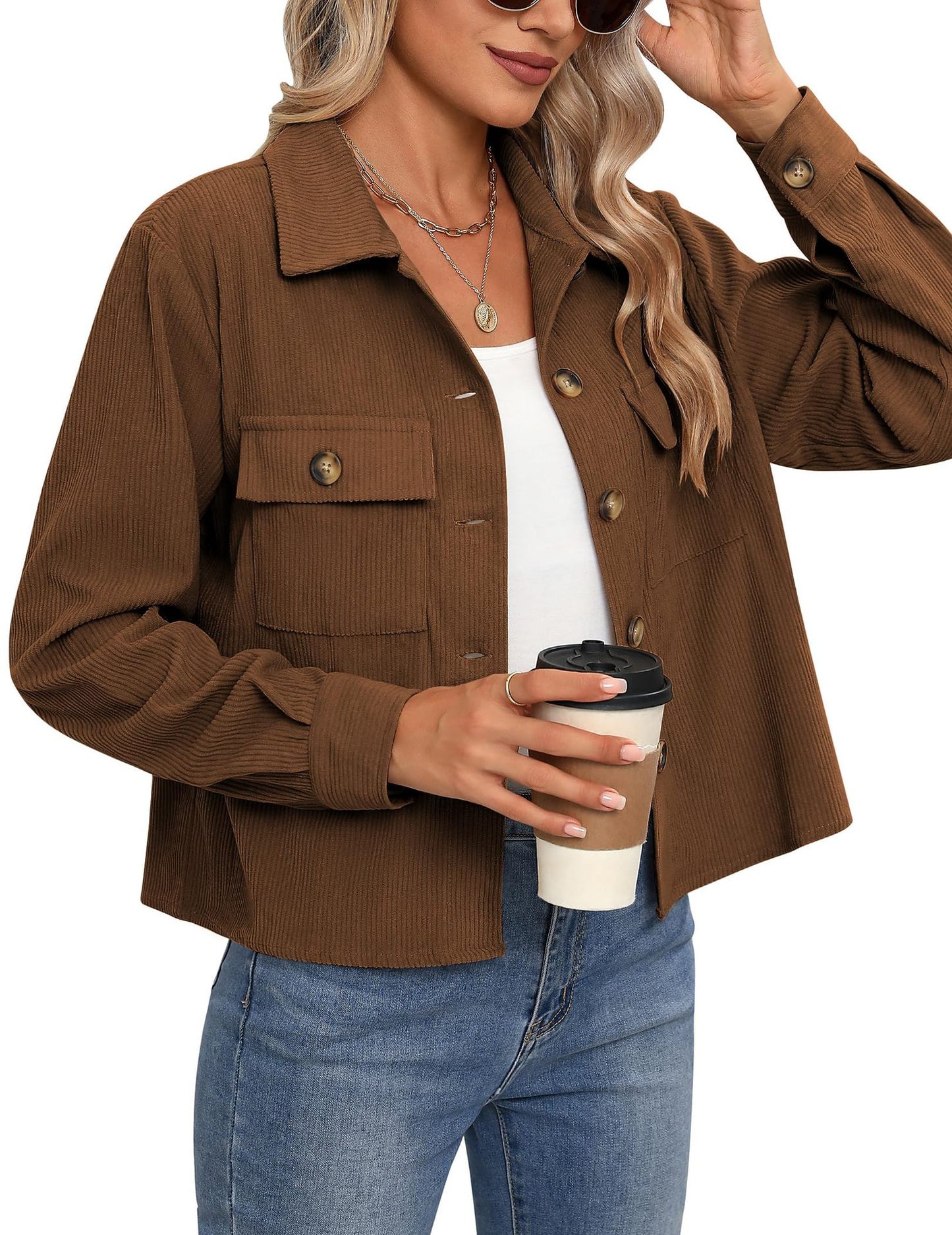 Women's Corduroy Cropped Shacket Button Down Jacket