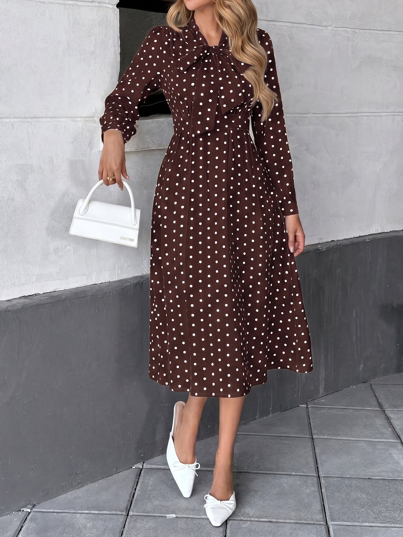 Polka Dot Bow Tie Long Sleeve A-Line Midi Dress