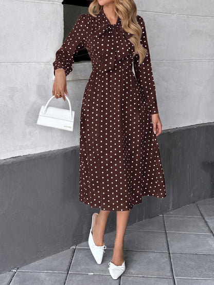 Polka Dot Bow Tie Long Sleeve A-Line Midi Dress