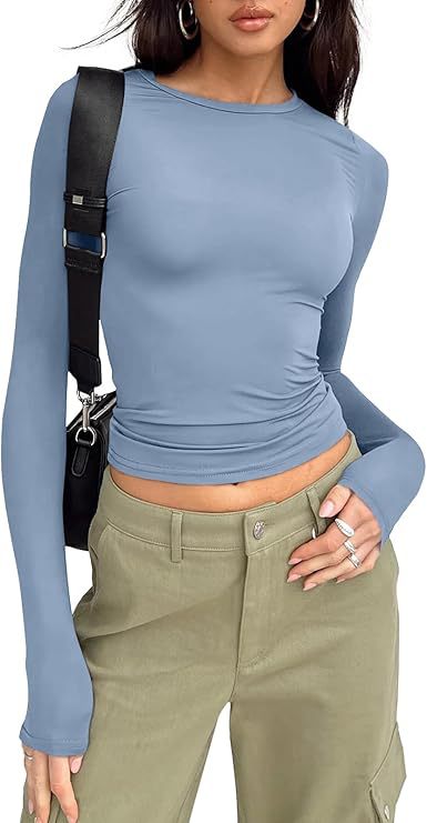Women's Fitted Long Sleeve Crew Neck Tee Soft Stretch Basic