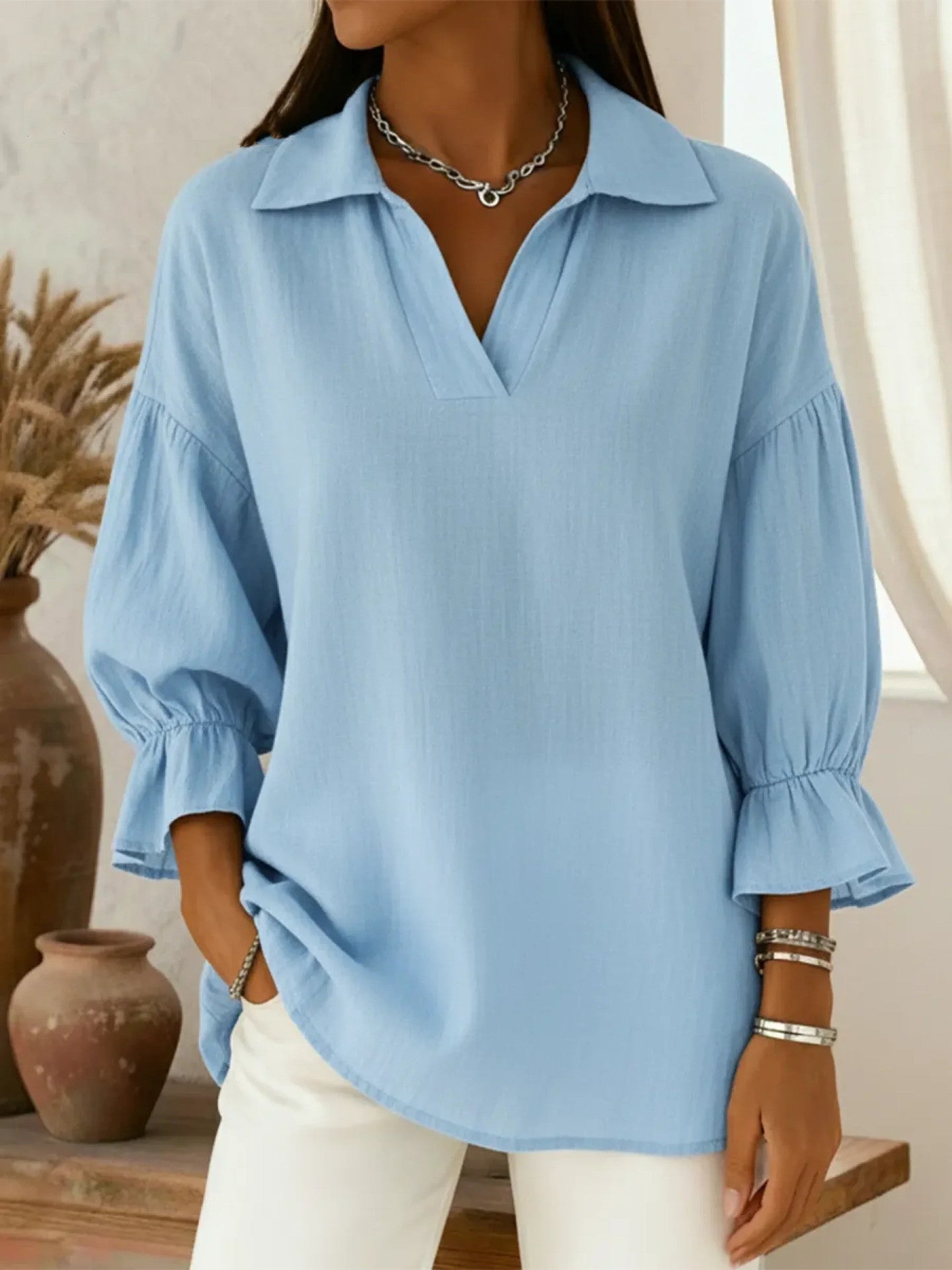 Oversized Collared V-Neck Blouse Ruffle Sleeve Casual Top