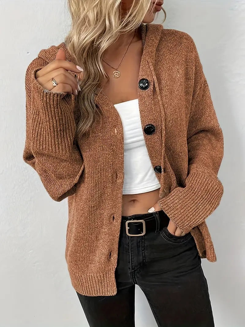 Hooded Button Front Knit Cardigan Relaxed Fit Sweater