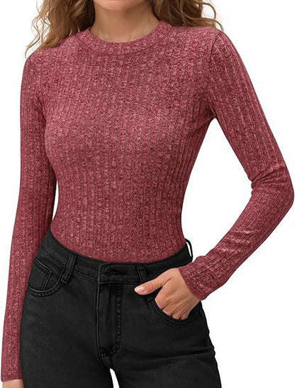 Women's Ribbed Long Sleeve Crew Neck Fitted Top