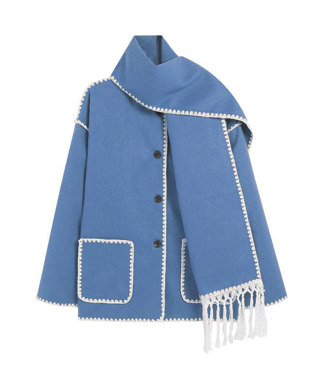 Women's Oversized Faux Wool Scarf Coat With Fringe