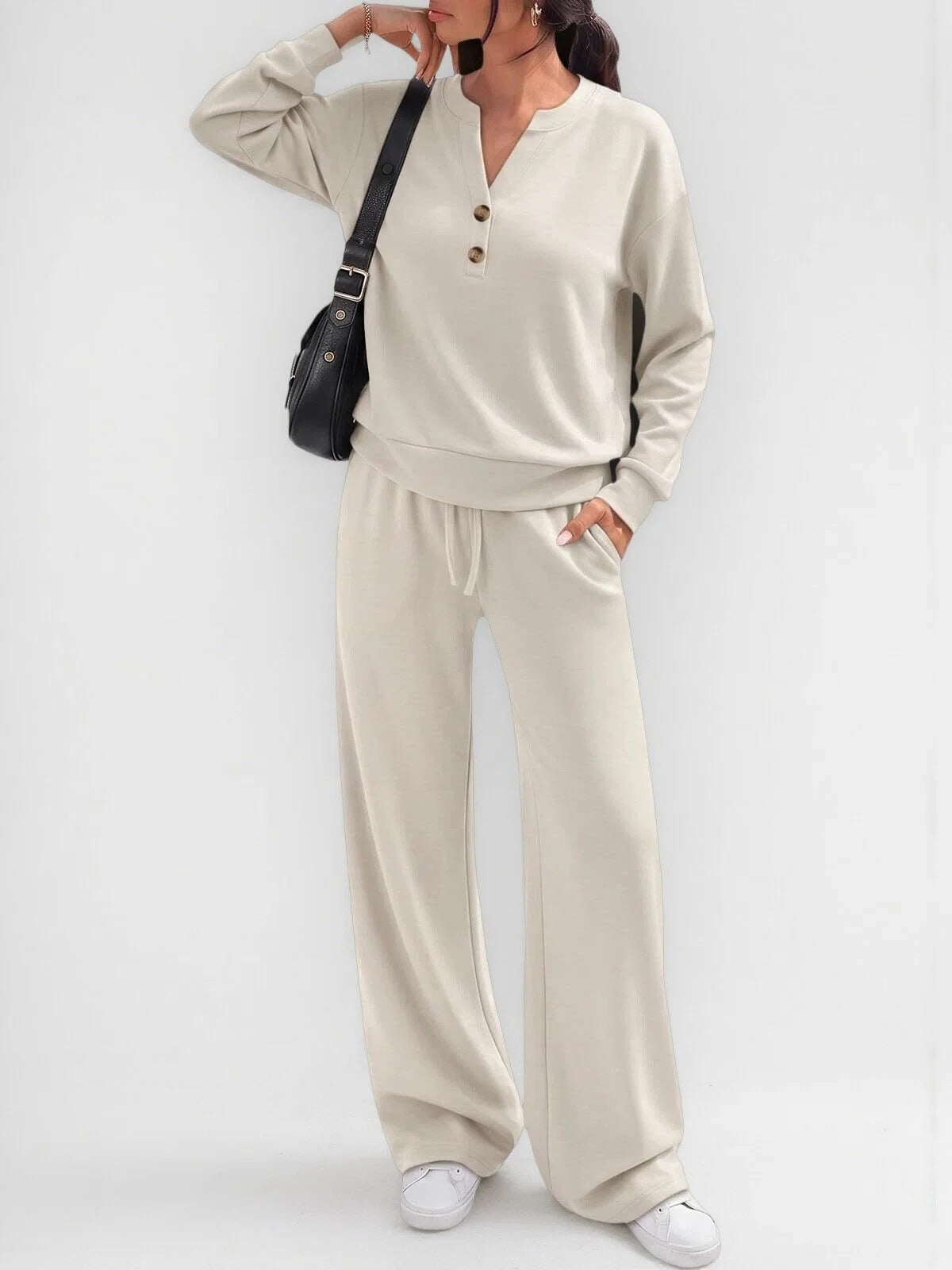 Women's Matching Lounge Set Henley Top Wide Leg Pants