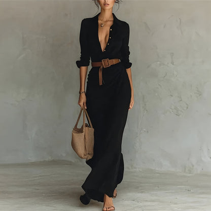 Elegant Belted Shirt Dress Long Sleeve Ruched Maxi