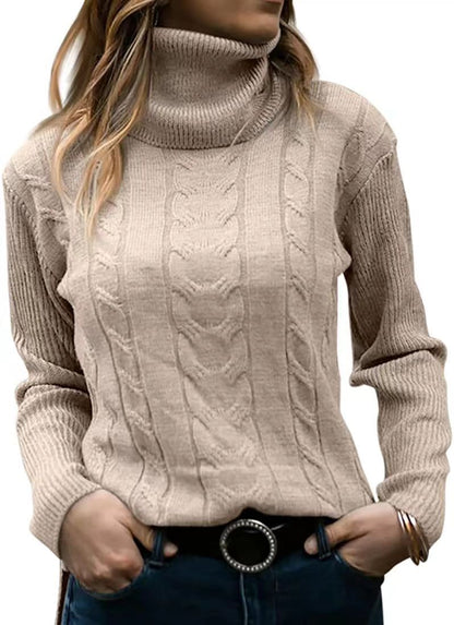 Women's Cable Knit Turtleneck Sweater Slim Fit Pullover