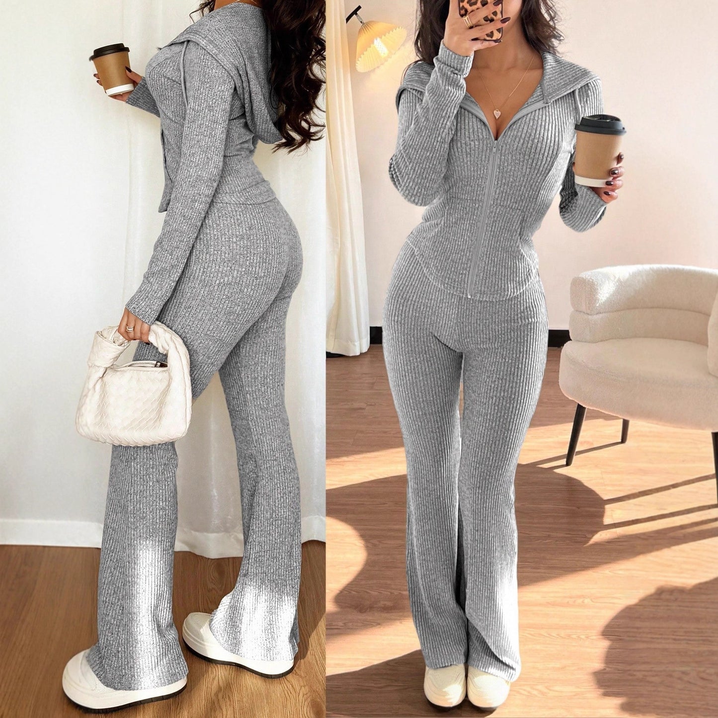 Women's Ribbed Half Zip Knit Top and Pants Matching Set