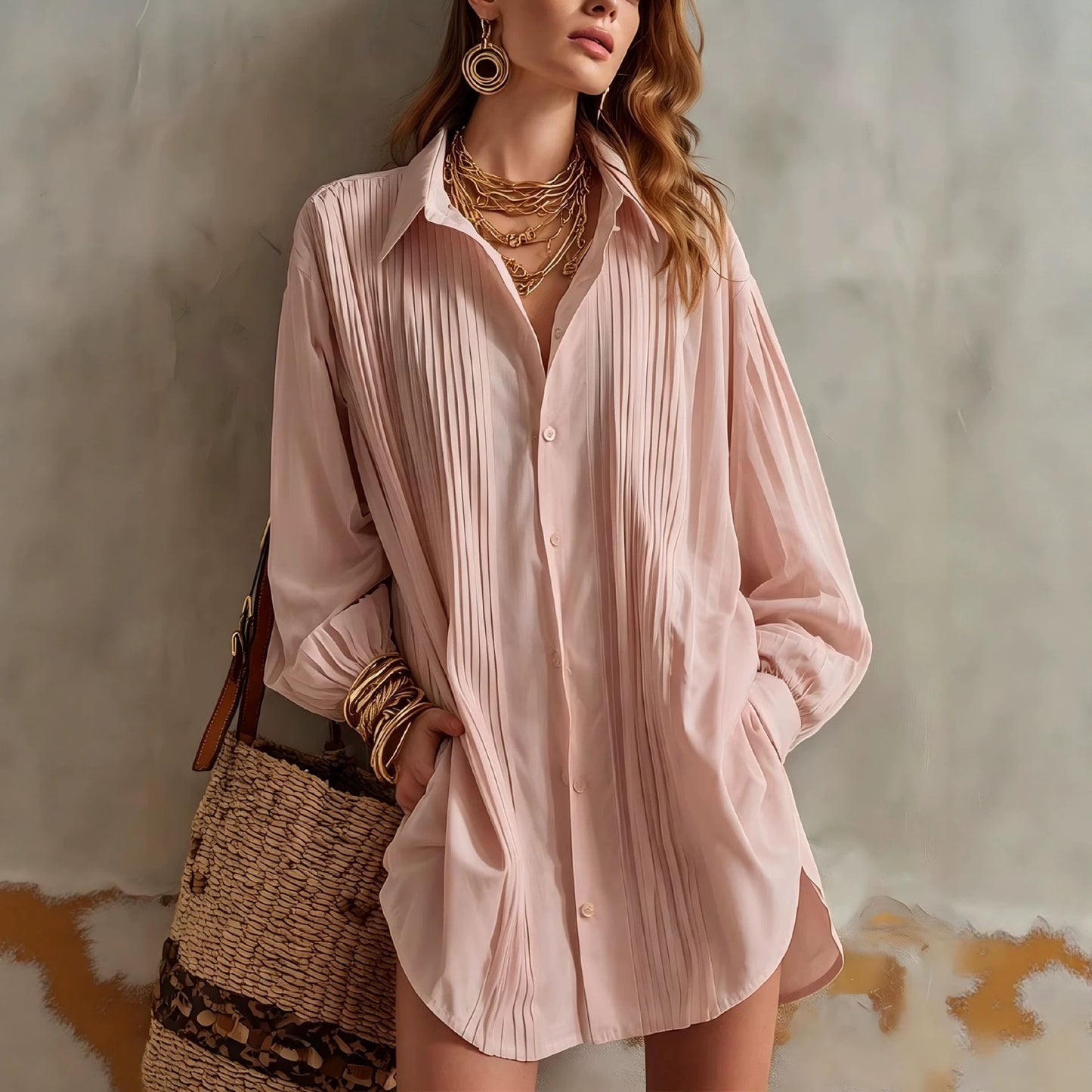 Women's Oversized Pleated Collared Shirt Long Sleeve Blouse