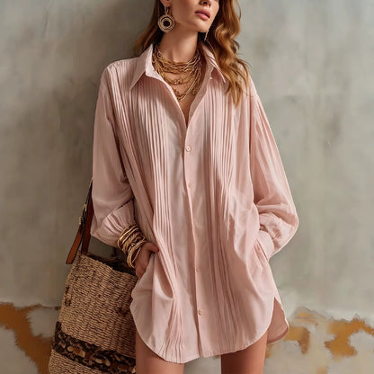 Women's Oversized Pleated Collared Shirt Long Sleeve Blouse