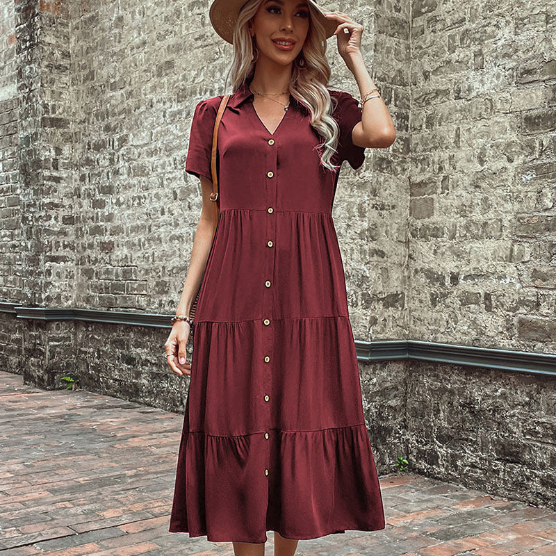 Button Front Tiered Midi Shirt Dress Casual Summer Dress
