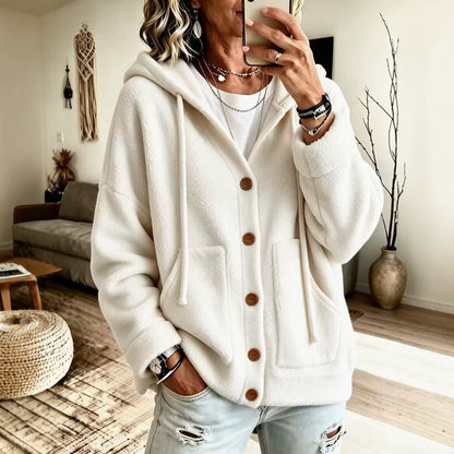 Women's Hooded Fleece Button Cardigan Jacket
