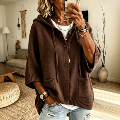 Women's Hooded Knit Cardigan Button Front Batwing Sleeve
