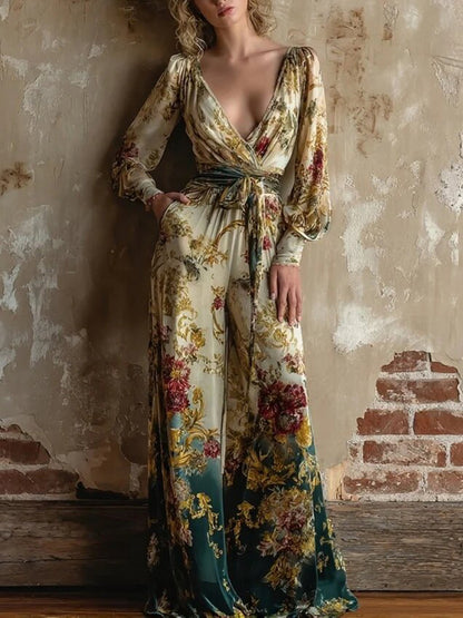 Deep V Floral Wide Leg Jumpsuit Balloon Sleeve Tie Waist